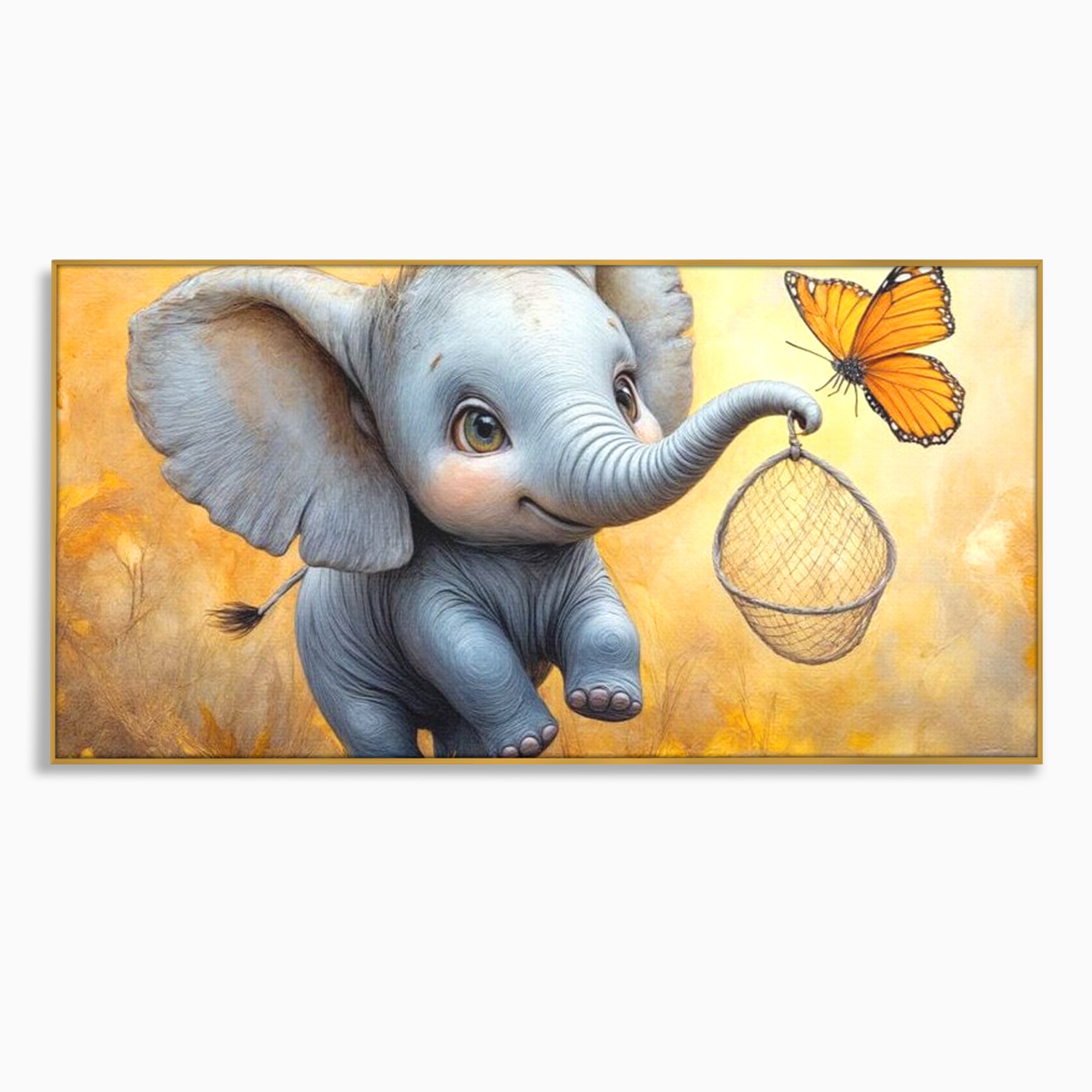 Tablou canvas cu ilustratie cu elefantel si fluture, in rama de aluminiu auriu